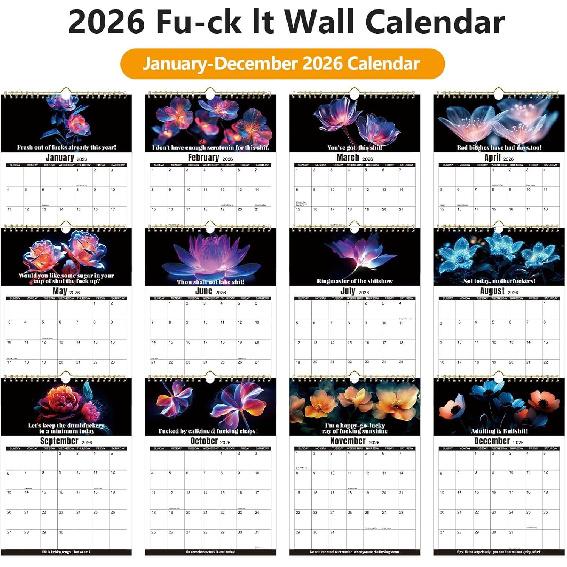 2026 fuck it calendar,refrigerator calendar Jan 2026 - Dec 2026,12-Month calender Spiral Bound,11" x 8.5",Twin-Wire Binding - Home Office Hanging