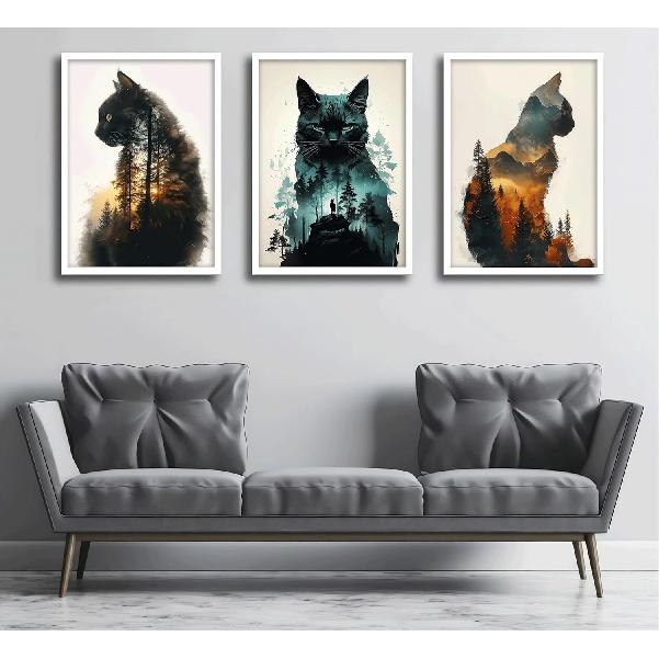 Funny Animals Canvas Wall Art Cute Black Cat and Forest Theme Pictures Wall Decor Abstract Sunset Mounta Nature Landscape Poster Painting Prints