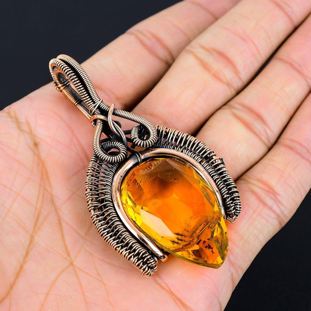 ციტრინის ძვირფასი ქვით ხელნაკეთი სუფთა სპილენძის მავთულით შეფუთული საყურე სამკაულები მემორიალური დღისთვის