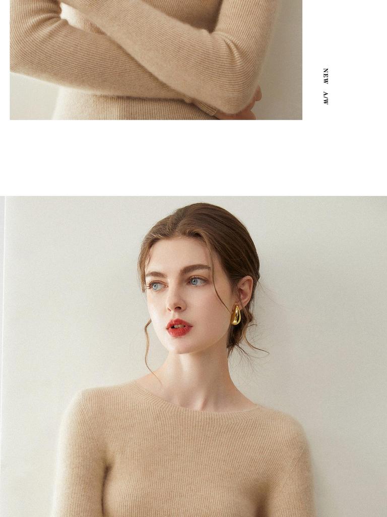 Women's 100% Pure Cashmere Sweater: Soft, Warm, Slim-fit, Round Neck, Ribbed, Long Sleeve, and Versatile Base Layer.