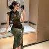 Nowa chińska narodowa retro seksowna sukienka z nadrukiem ulepszona cheongsam damska letni styl biodrowa długa spódnica