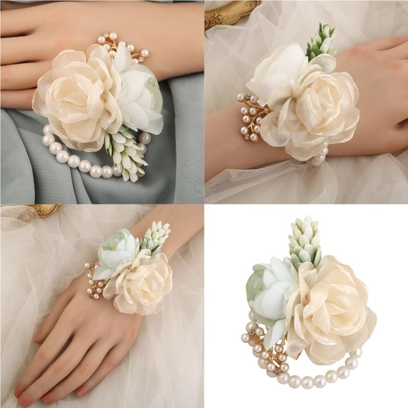 Elegante Corsage da Matrimonio Fiore da Polso Perle Per Sposa Damigella d'Onore Sposo Evento Formale Fiorato in Seta Bottoniera Accesso