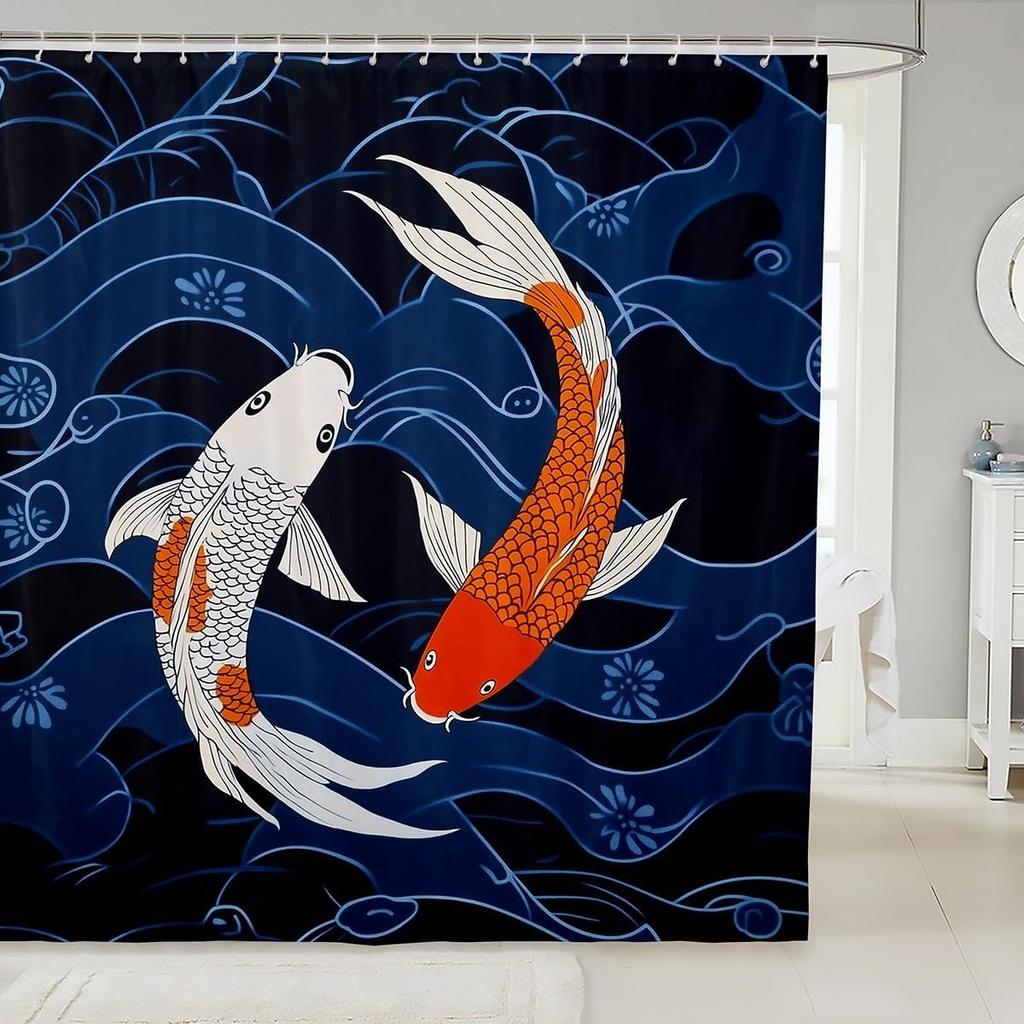 Kids Koi Fish Shower Curtain Boys Girls Japanese Wave Bathroom Shower Curtain Set Japanese Style Bath Curtain Fish Pattern