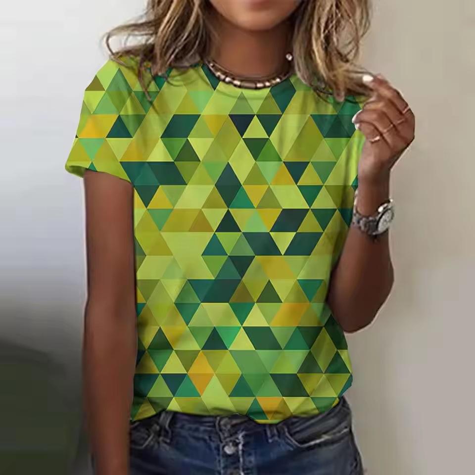 Summer Round Neck Geometric Pattern 3D Print Top Fashionable Casual Colorful Short Sleeved Women's T-shirts