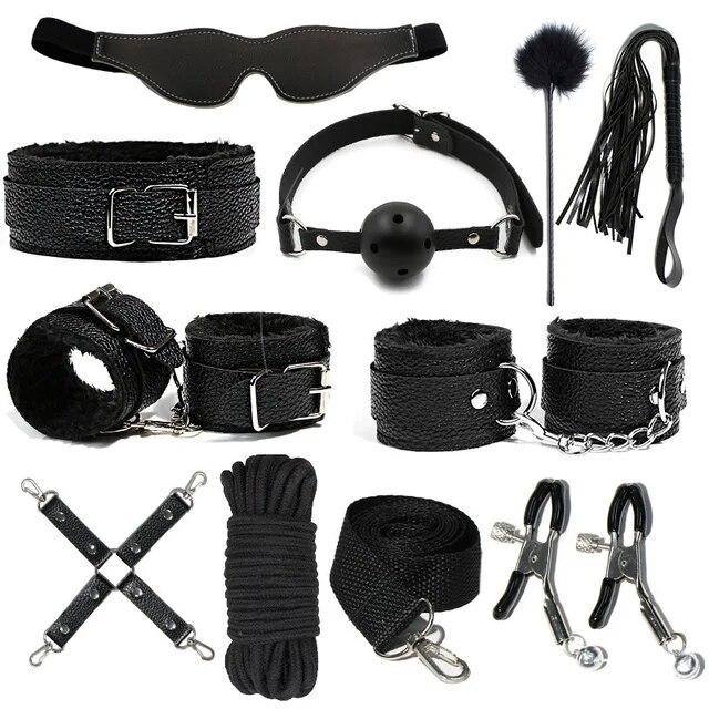 7pcs/set PU Leather SM Bondage Set Sex Handcuffs Footcuffs Whip Rope Eye Blindfold Adult Games Erotic Toys Couples Products Shop