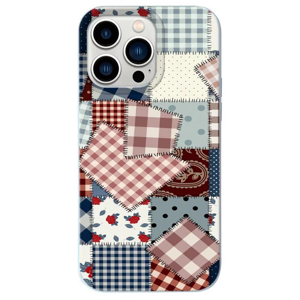 Lychee Grain Phone Case For iPhone 17 17Air 16 15 14 13 12 11 Pro Max 16 Plus Grid Pattern Splicing Fabric Silicone Cover Funda