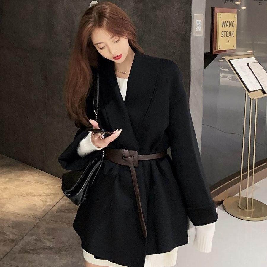 

Women s autumn and winter new thickened cotton double-sided woolen coat loose tie woolen coat free belt acrylic S