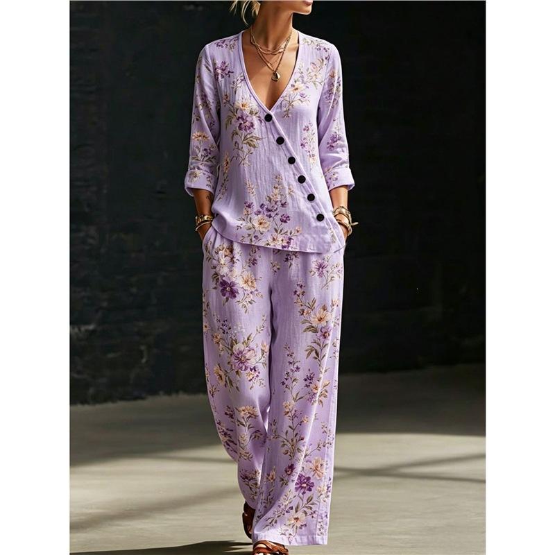European and American Summer New Blue and White Tie-dye Gradual Change Diagonal Shirt Wide-leg Pants Two-piece Set Women's Casual Long-sleeved Suit