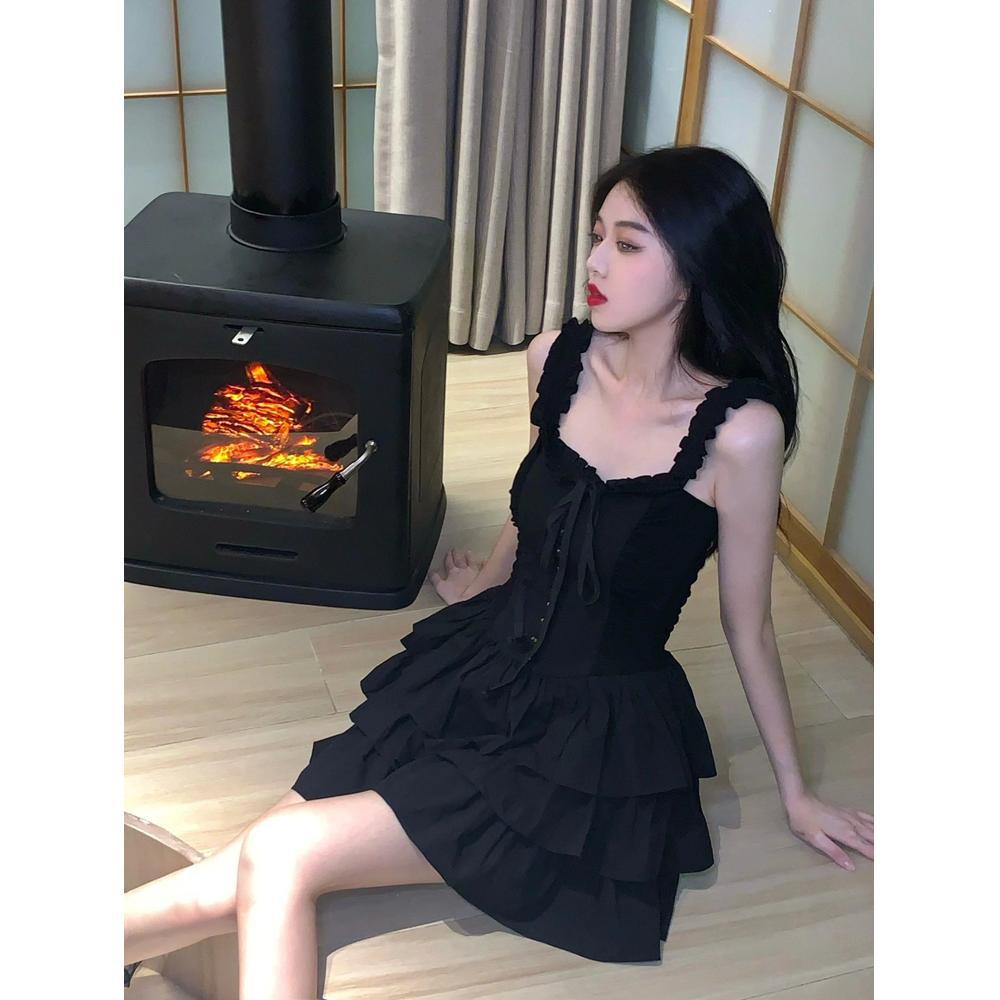 Small Summer French Hepburn Style Waist Thin Black High-end Waist Fluffy Cake Dress Dress