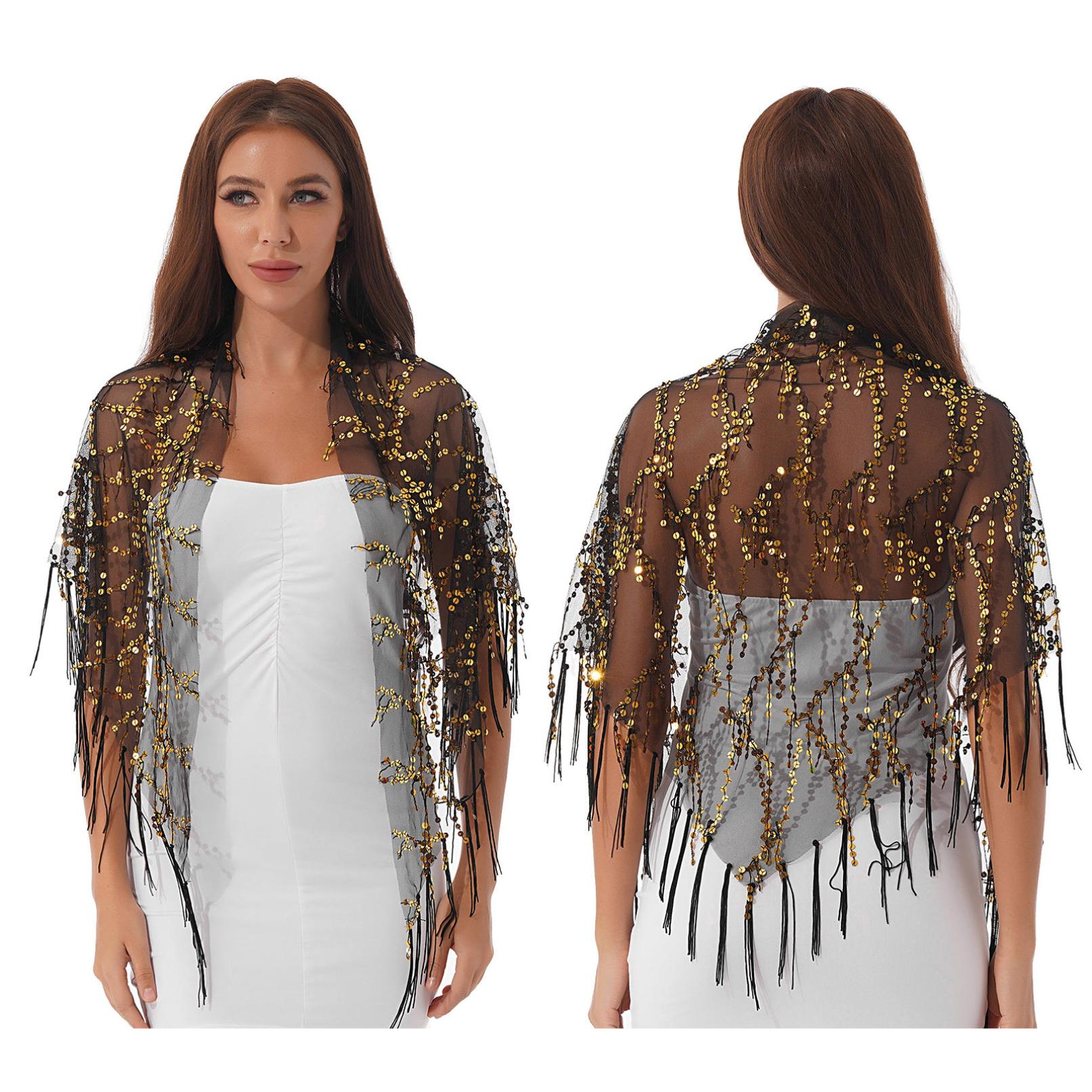 

Жіноча блискуча хустка з паєтками, шарф, бахрома, прикриття для вечірніх весільних суконь нареченої. One Size золотий/чорний