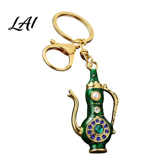 Pitcher Key Ring Retro Teapot Keychain with Rhinestones Ethnic Style Vintage Pot Ring Decorative Pendant for Handbags Backpacks Car Keys 3D