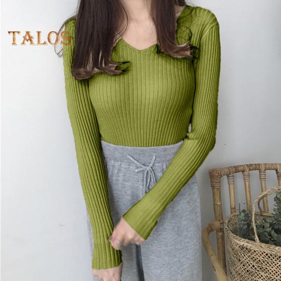 Moteriški viršūnės V formos iškirpte ilgomis rankovėmis Slim Fit megztinis megztinis Vienspalvis megztinis su rumbuota apačia Elastingas trikotažas