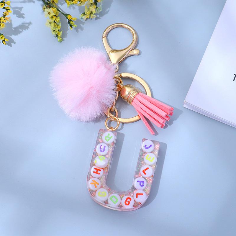 1PC Keyring Key Accessory Letter Filled Colourful Initial Pendant With Fluffy Keychain Glitter Tassel Charms For  Bags Backpacks