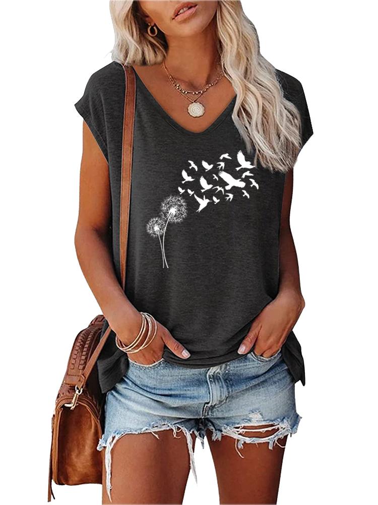Women Fashion V Neck T-shirt Short Sleeve Top Summer Casual Print Tee Shirt