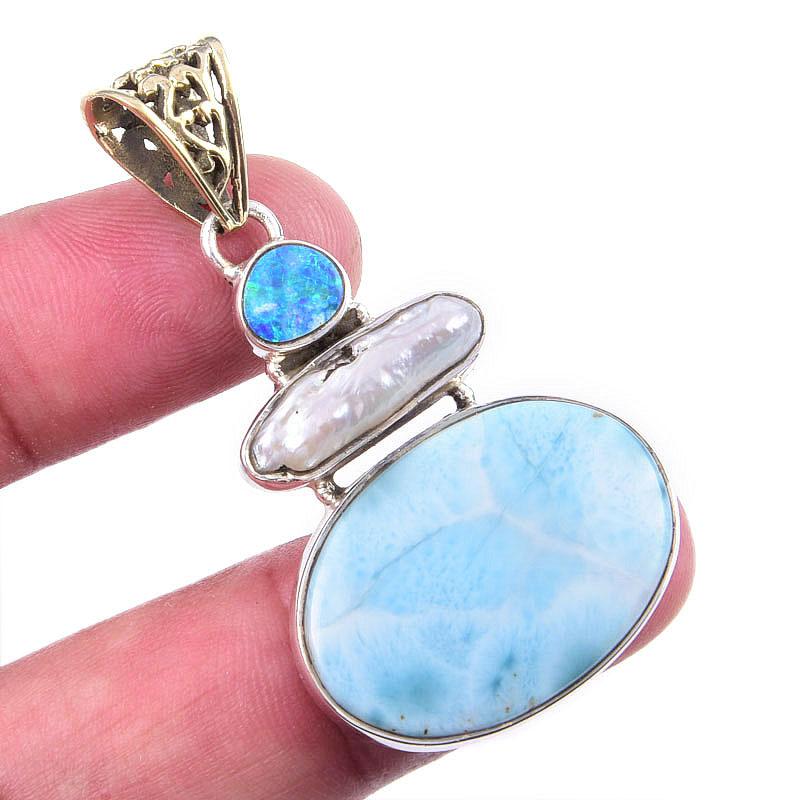 

Natural Republic Larimar,Biwa Pearl Gemstone 925 Solid Silver Pendant 2 V0e56