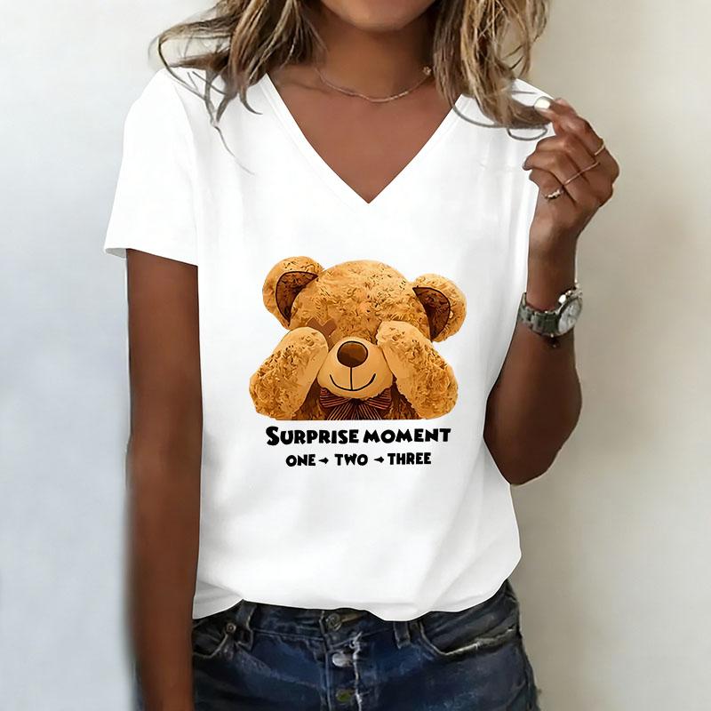 Bear print T-shirt women s short sleeved T-shirt V-neck summer XS