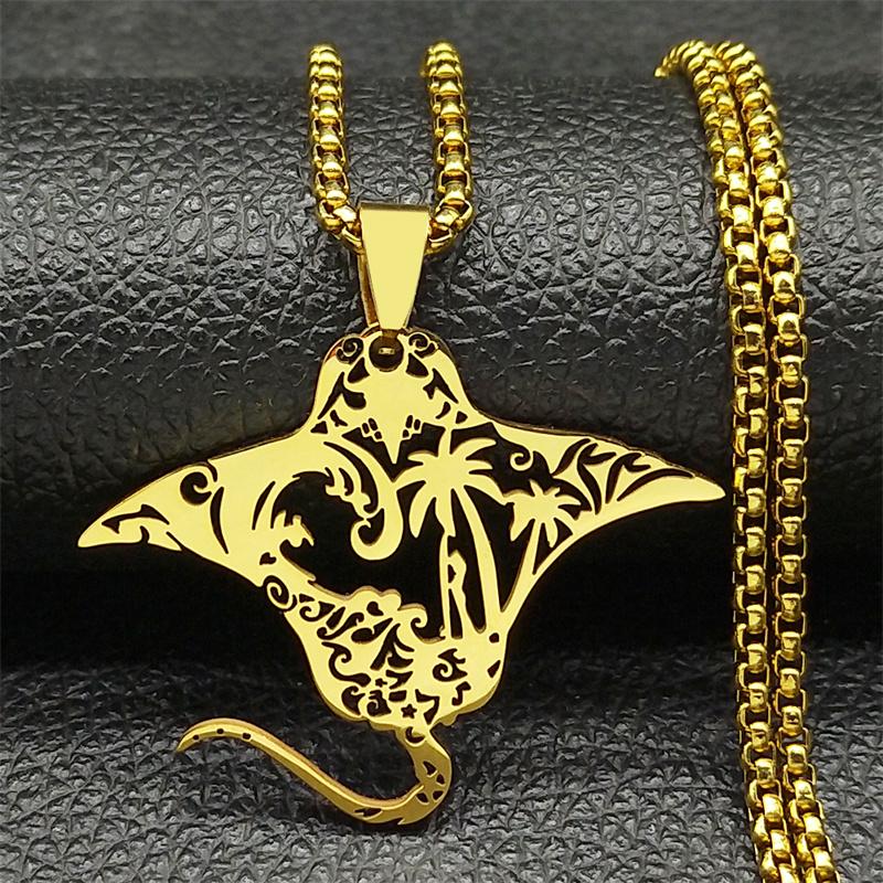 Cute Manta Ray Pendant Necklace Stainless Steel Gold Silver Color Nature Chain Jewelry For Women Men