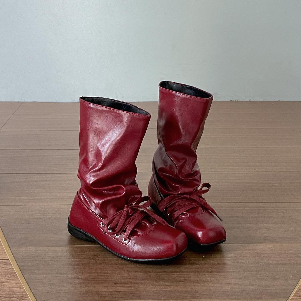 Brown retro versatile square head flat bottom short boots children's summer 2025 new with skirt pleated western pile boots