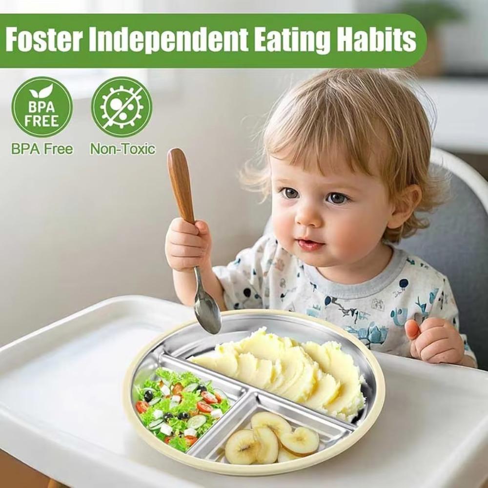 304 Stainless Steel Suction Cup Kids Plates Children 3 Grids Dishes Toddle Training Tableware