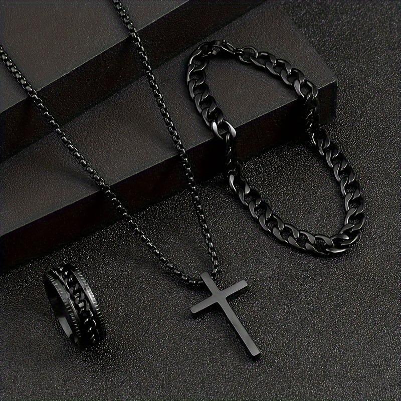 

3pcs Men s Hip Hop Chain, Ring Necklace Bracelet Set, Rotary Pressure Reduction Ring Cross Set Thick Cuban Buckle Bracelet Men чорний