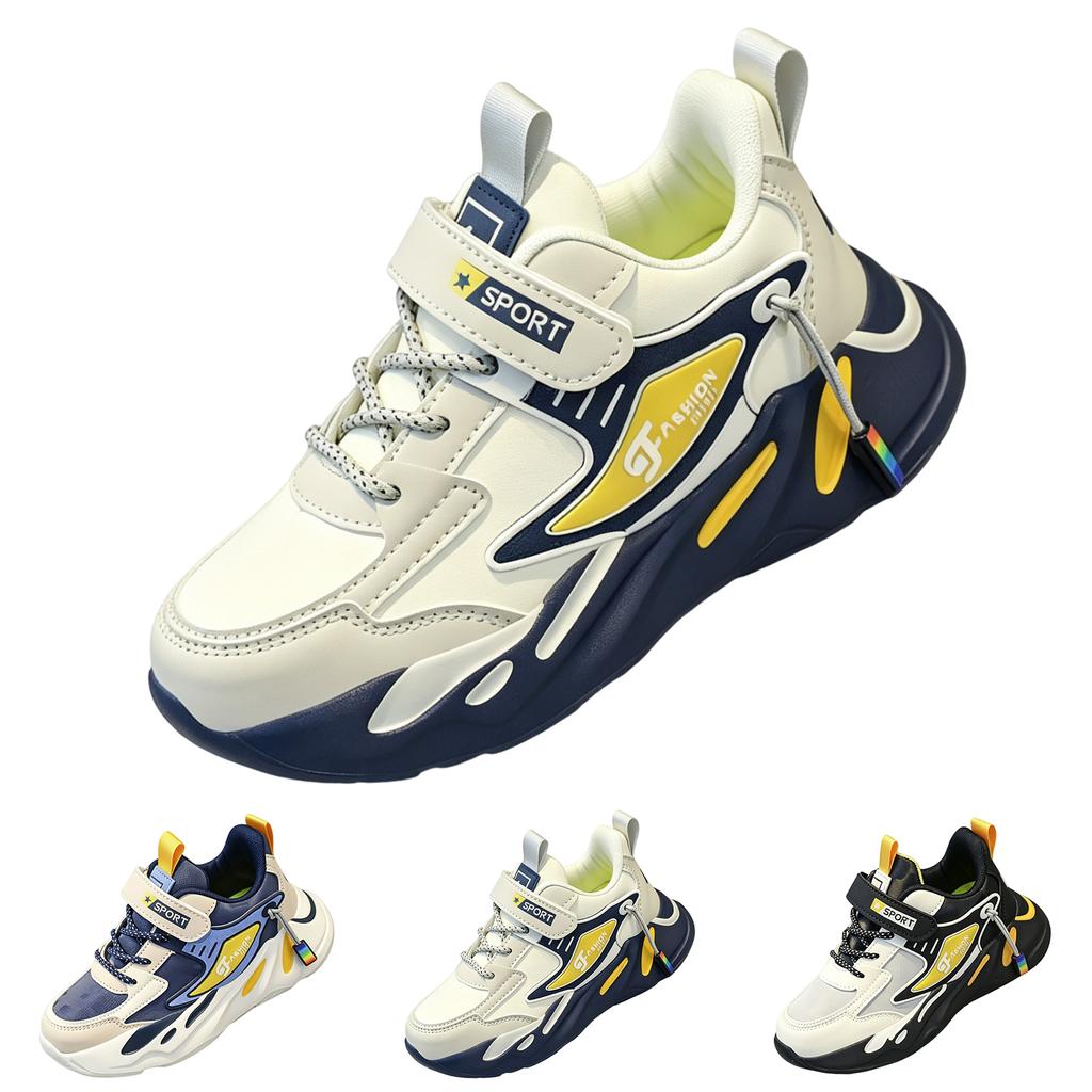 Children Running Shoes Double Leather Upper Lightweight Breathable Sport Sneakers with Hook and Loop Closure and Durable Outsole for Kids