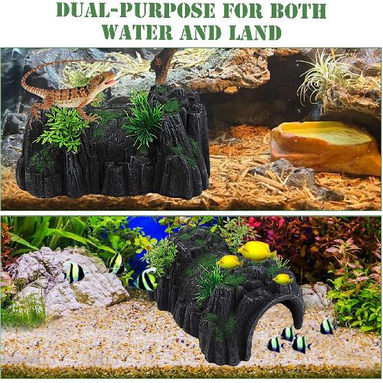 Fish Tank Hideout Cave Decor,Resin Rock Mountain Tunnel with Moss Plants Betta Cichlid Habitat Shelter for Aquarium Fish Tank Accessories 9.5 x 6 x 4