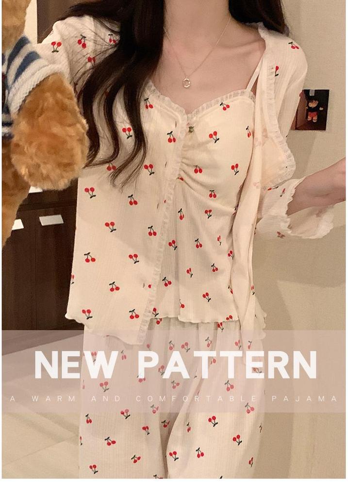 Hot-Selling 2024 Women's Long Sleeve Floral Pajama Set - Sexy Spring & Autumn Three-Piece with Chest Pads