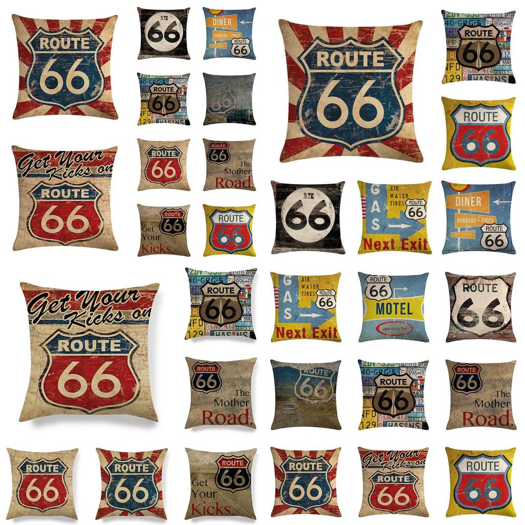 Eye-catching Route 66 Cotton Linen Pillow Cover With Invisible Zipper And Art Deco Style