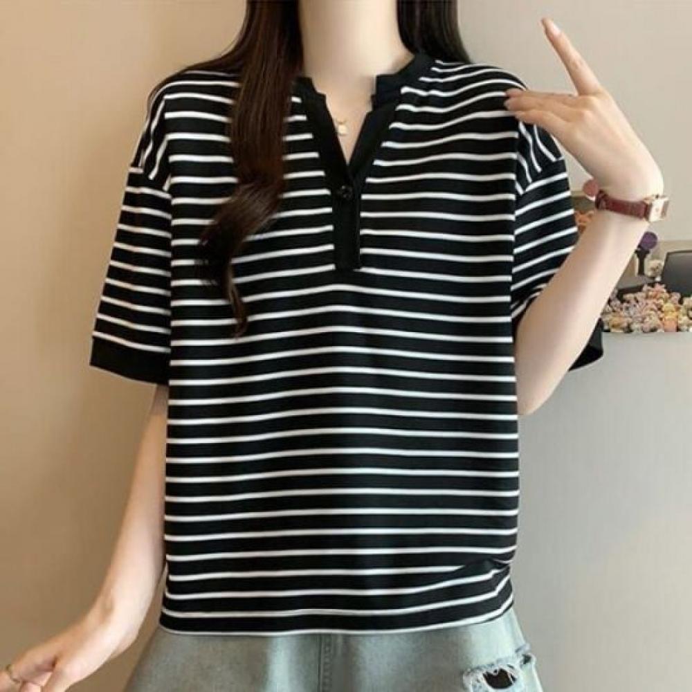 Navava Women Casual STriped Trim Neck ShorT Sleeve T shirT nT2545