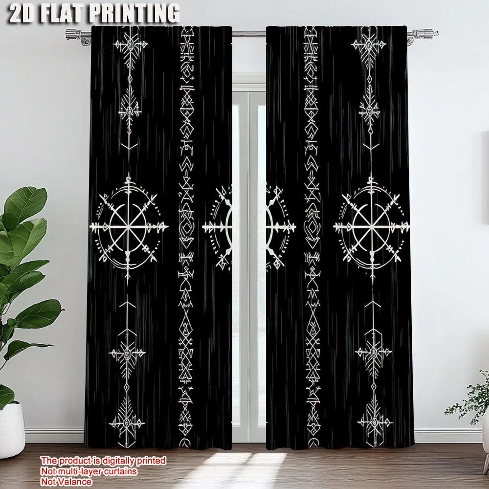 Set Of 2 Black Background Viking Symbol Curtains Polyester Perfect Bedroom Living Room Decor Curtain Sheer For Made