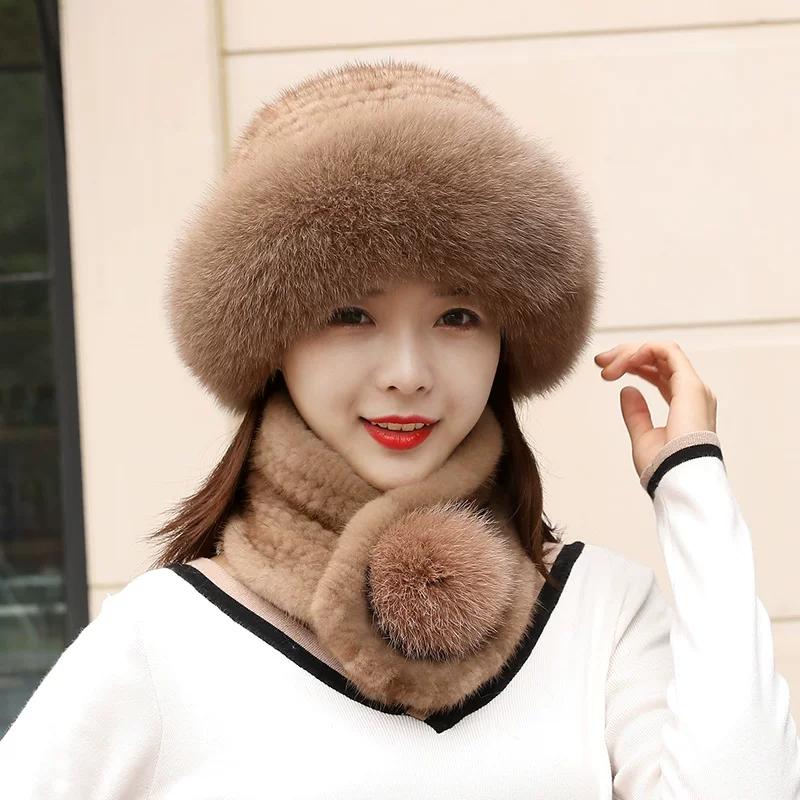 Fur Hat Scarf Set Women's Winter Warm Real Hair Winter Bucket Hat Winter Fashion Mink Two-piece Set