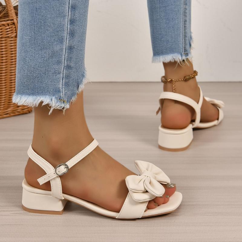 Sweet Square Toe Pu Big Bowknot Decoration Sandals Women Medium Heels Sandals Size 43 Ankle Strap Shoes Women Summer