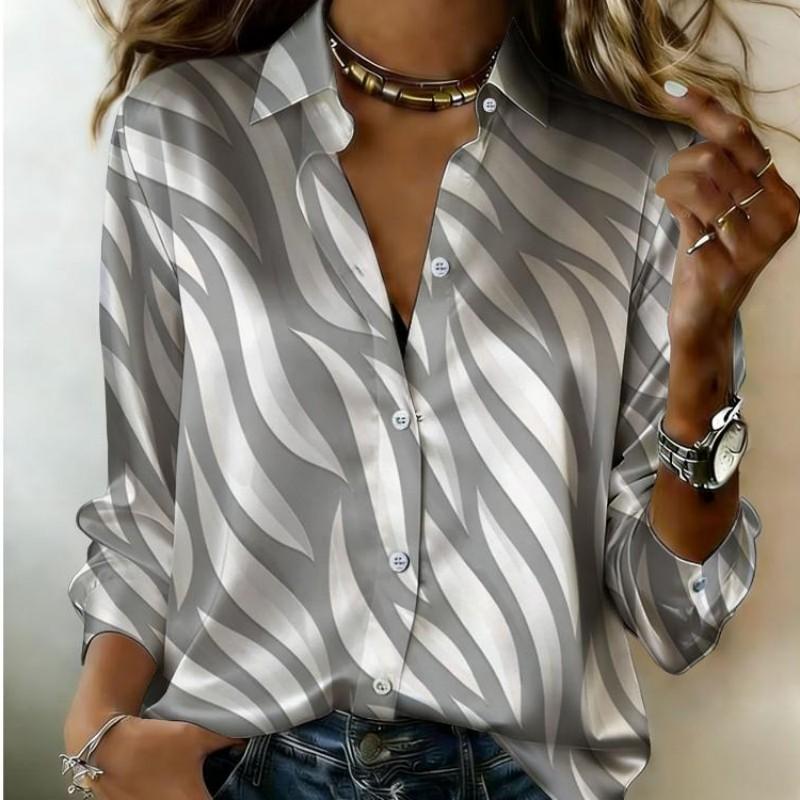 Women Satin Long Sleeve Shirt Color Zebra Print Blouse Lapel Single Breasted Loose Office Tops