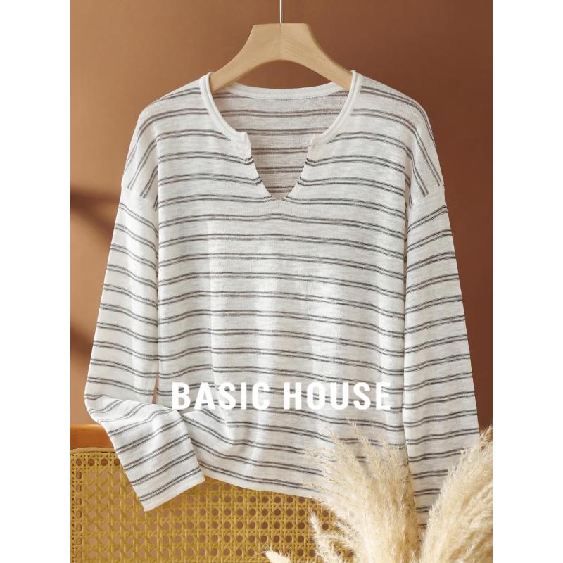Basic House Retro Striped V-neck Short Sleeve T-shirt XL