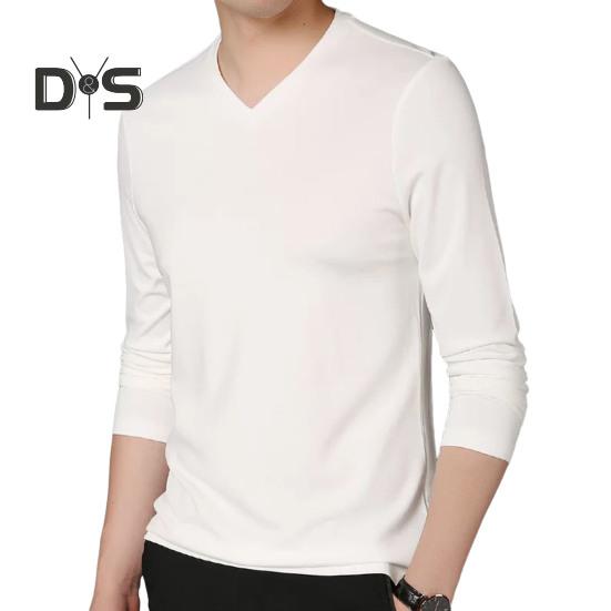 

Мужской осенне-весенний топ с V-образным вырезом и длинными рукавами, однотонный облегающий тонкий пуловер, футболка, повседневная спортивная домашняя одежда L белый
