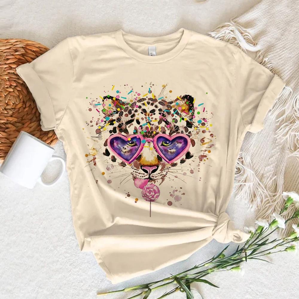 Leopard Print Love Top Women Funny Summer Girl Designer Clothes Summer Casual Short Sleeves  Tops Kawaii Women Tshirt Streetwear