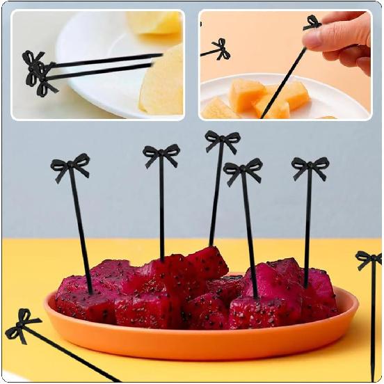 30pcs Fruit Fork Martini Skewers Black Bows Fiesta Cupcake Toppers Boy or Girl Halloween Toothpicks for Cocktails Bow Cupcake Topper Plastic Fruit