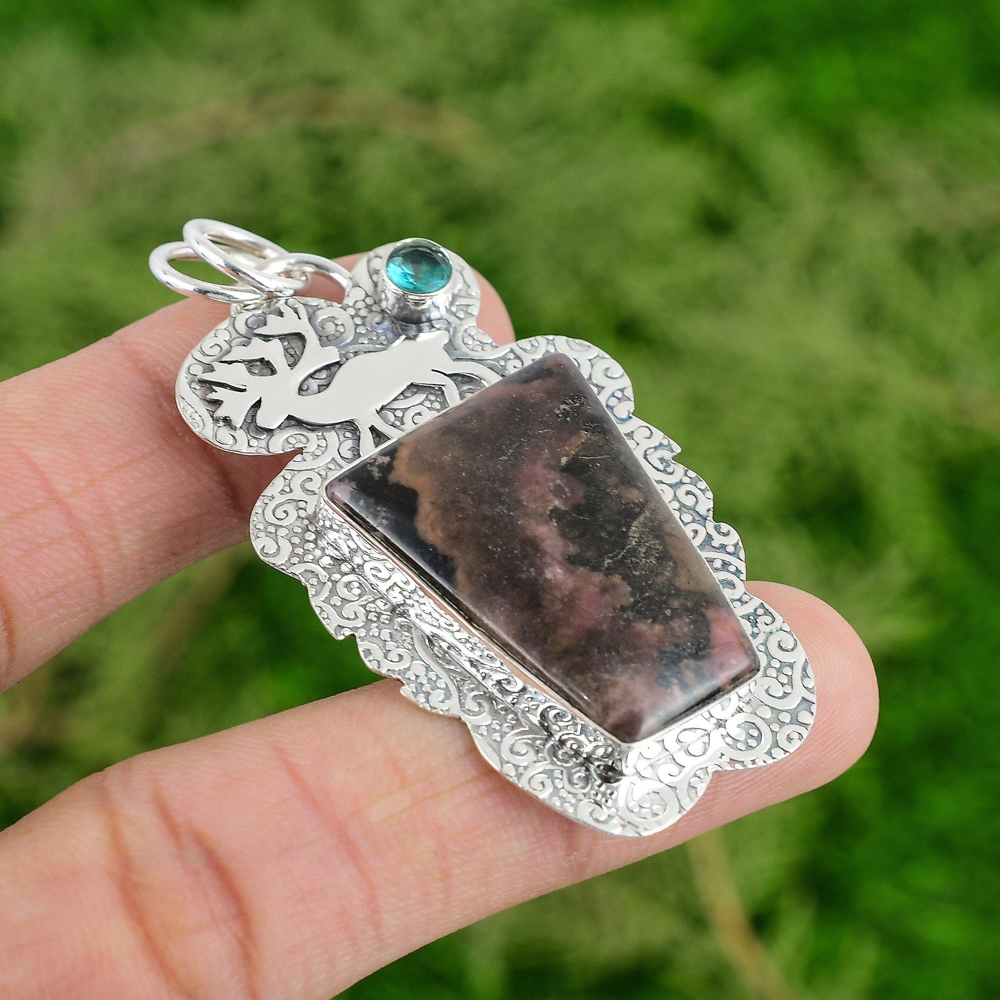 

925 Sterling Silver Rhodonite Gemstone Swiss Blue Topaz Heart Chakra New Pendant