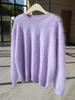 Women's 100% Pure Goat Cashmere Flocked Round Neck Sweater - Long Sleeve Solid Color Pullover