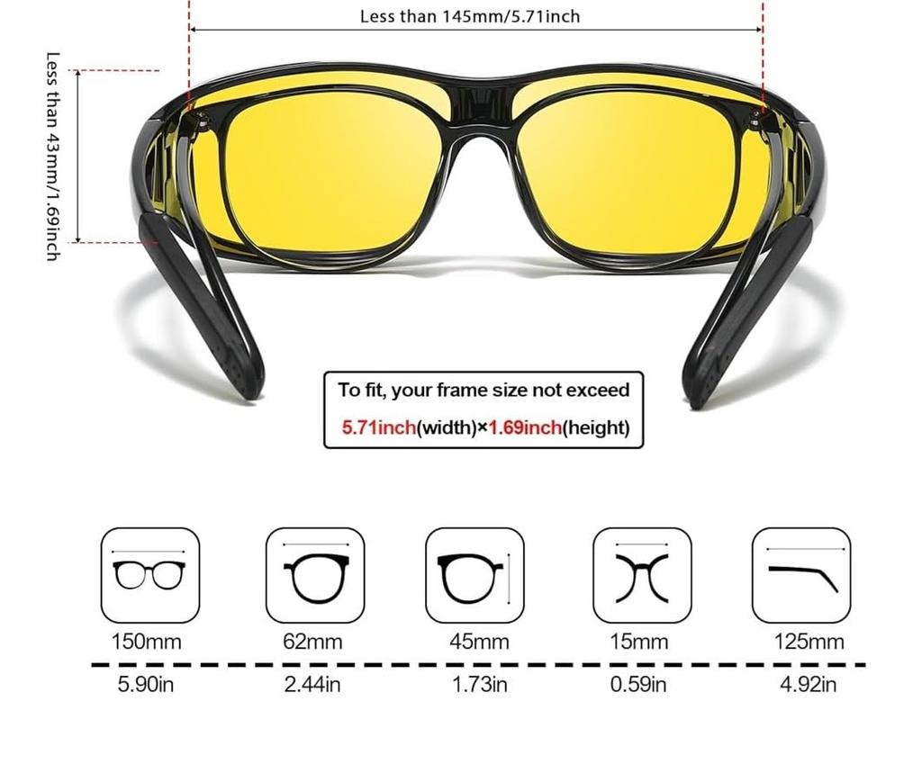 Night Vision Sunglasses with Yellow Lenses and Black Designed for Nighttime Driving and Can Be Worn Over Regular Frames, Eyeglasses.