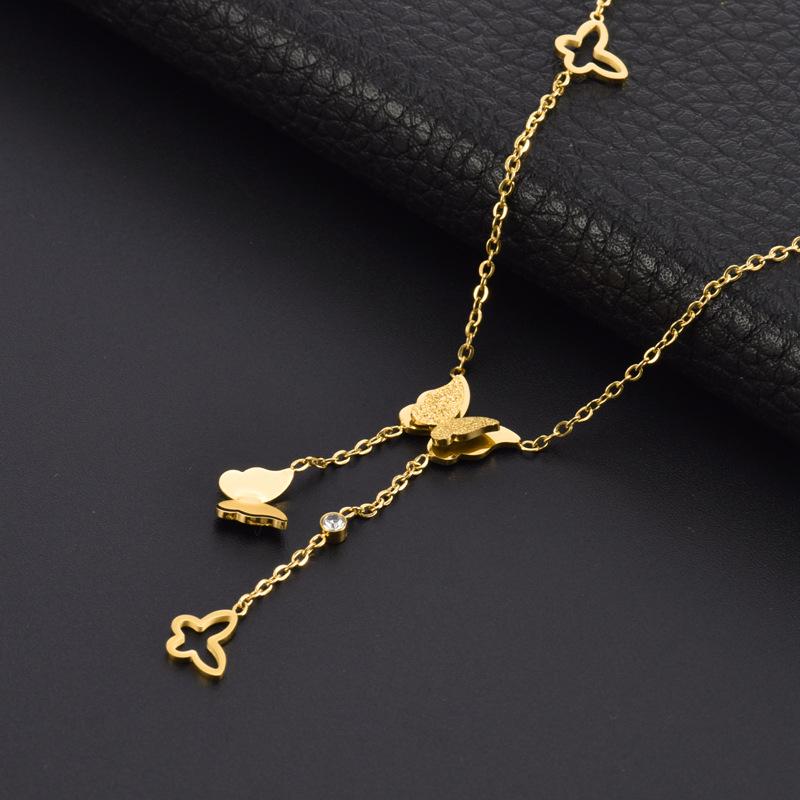Non-Fading Sweet Fresh Necklace: Titanium Steel Tassel with Diamond-Embellished Multiple Butterflies