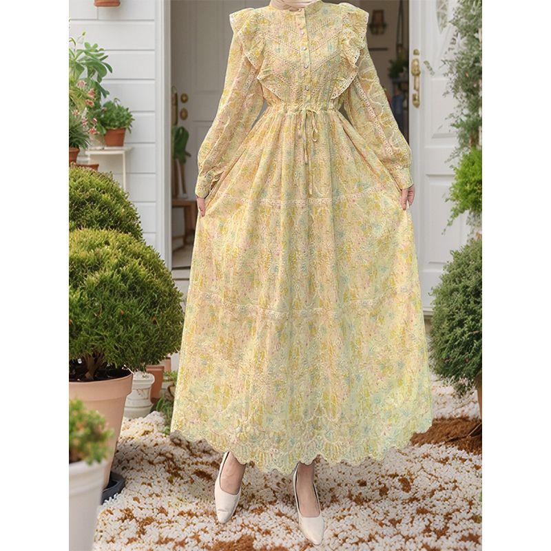 2025 Middle East New Hollow Embroidery Frill Patchwork Lace Floral Foreign Trade Robe Dress Dress