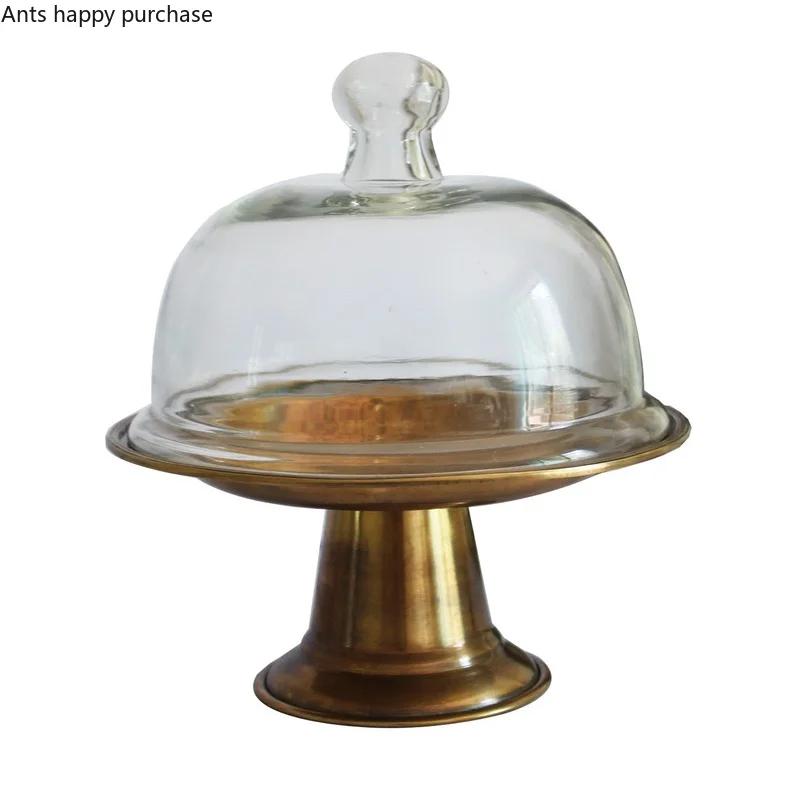 Brass Cake Pan Tall Cake Stand Glass Cover Dim Sum Plate Dessert Plate Fruit Dish Snack Tray Refreshment Tray Display Stand