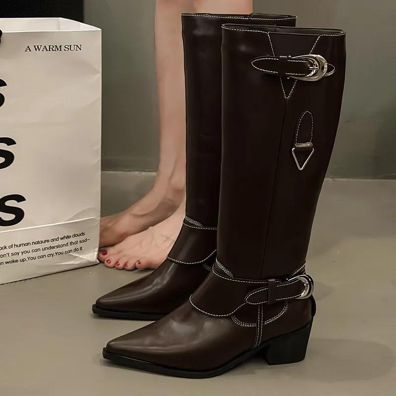 Women Chelsea Long Boots Pointed Toe Buckle Luxury High Heels 2024 Shoes Autumn New Trend Gladiator Women Knee High Botas Pumps