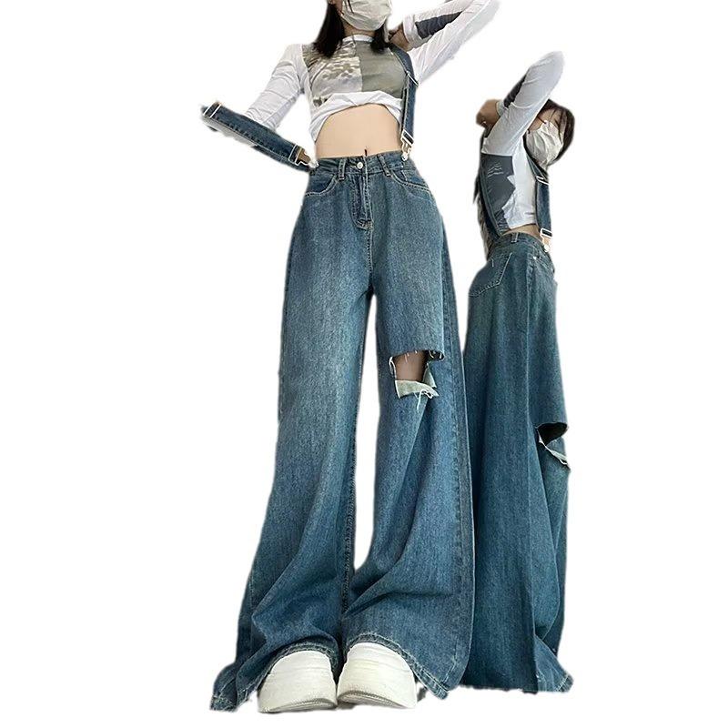 Plus Size Strappy Torn Jeans for Women Spring and Autumn High Waist Loose Wide Leg Straight Dragging Long Trousers