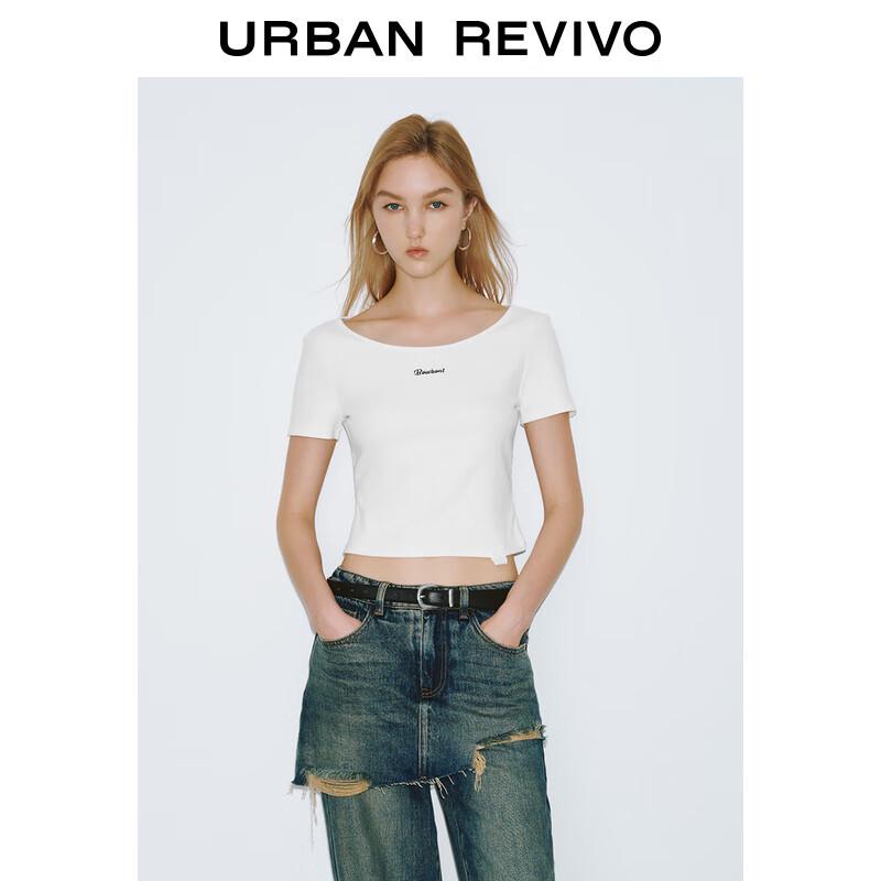 UR 2025 Women's Back Ribbon Letter Embroidered Short Sleeve T-Shirt
