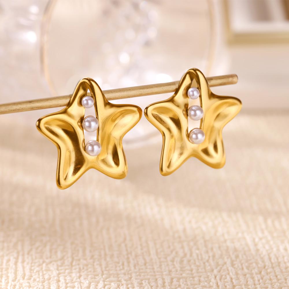 Stainless Steel Artificial Pearl Star Earrings Gold Color Anti Fading Earring for Women Wedding Jewelry Party Accessories Gifts