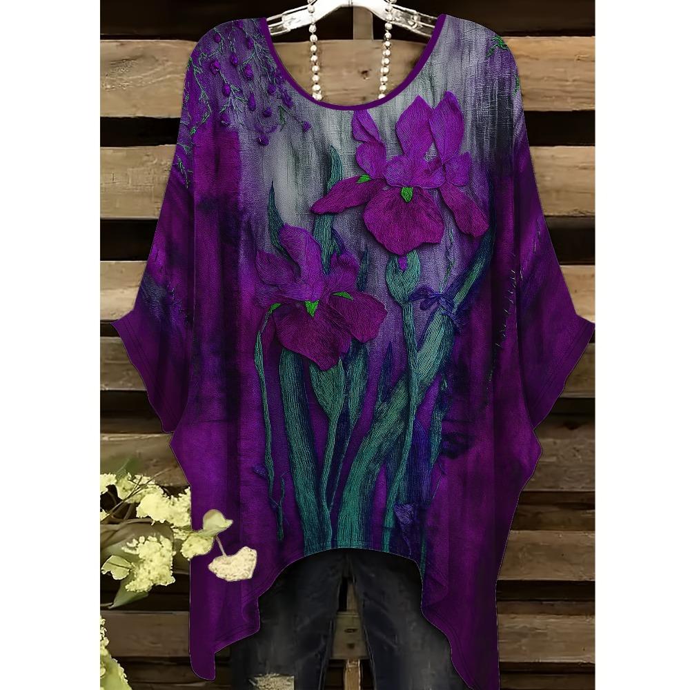 Blue iris women's large-size short-sleeved T-shirt, irregular hem design, casual and comfortable