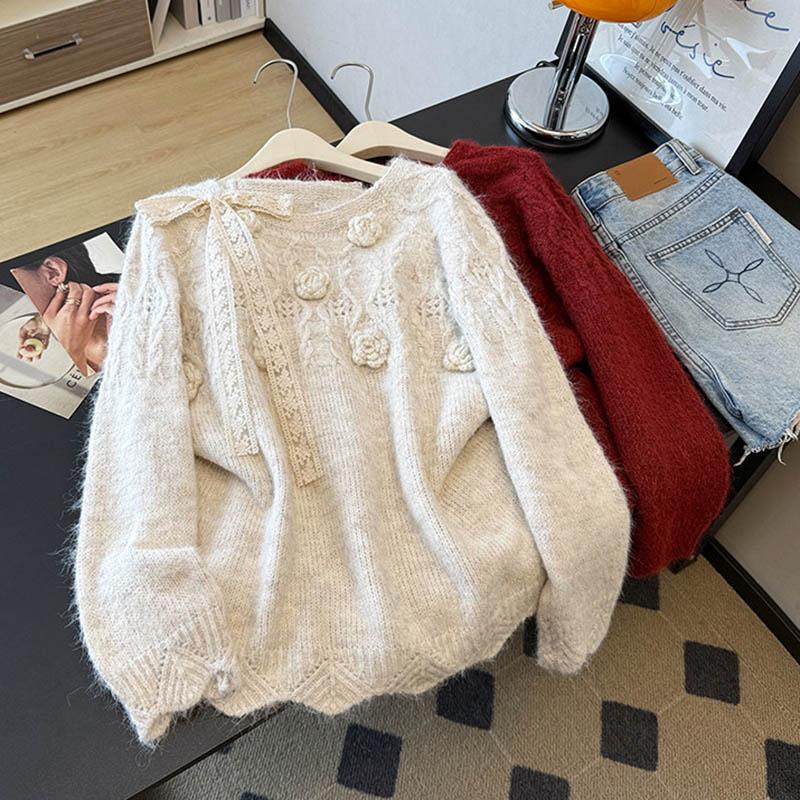 Damen Herbst- und Winterpullover, Verdickt, Warm Gestrickt Dehnbar Langärmelig Übergroßes Oberteil