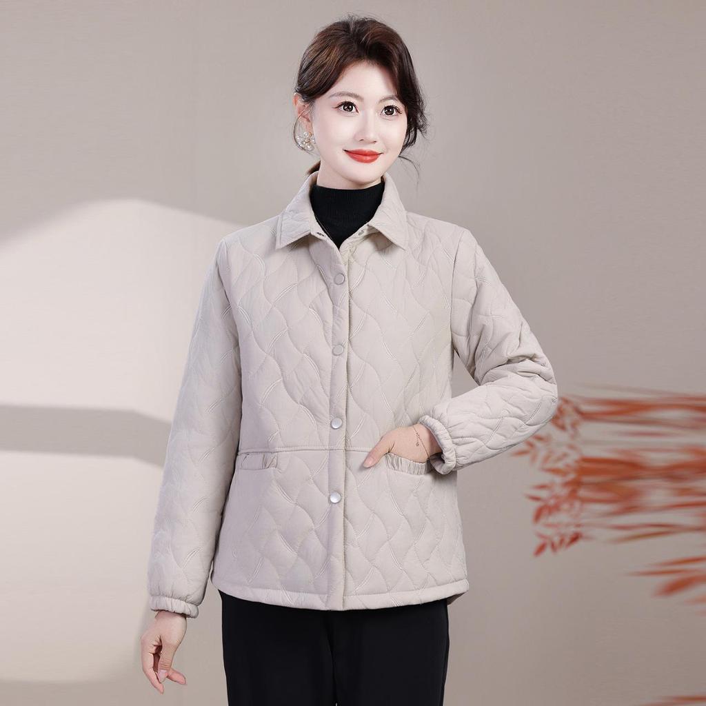 Lightweight Autumn/Winter Cotton Jacket for Middle-Aged & Elderly Women - Solid Color Casual Outerwear with Lapel